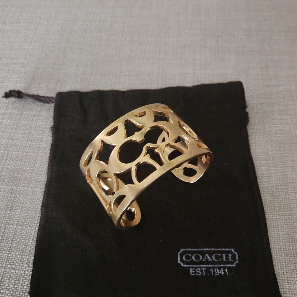 Rare Vintage Coach Gold Signature Monogram Cuff Bangle With Dust Bag - Picture 7 of 11